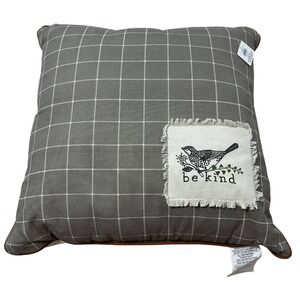 Place & Time Be Kind Bird Plaid Throw Pillow Grey White 24x24 Farmhouse Decor